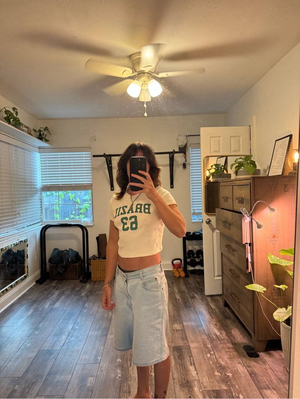Forever 21 Cream Cropped Graphic Tee with Green Print